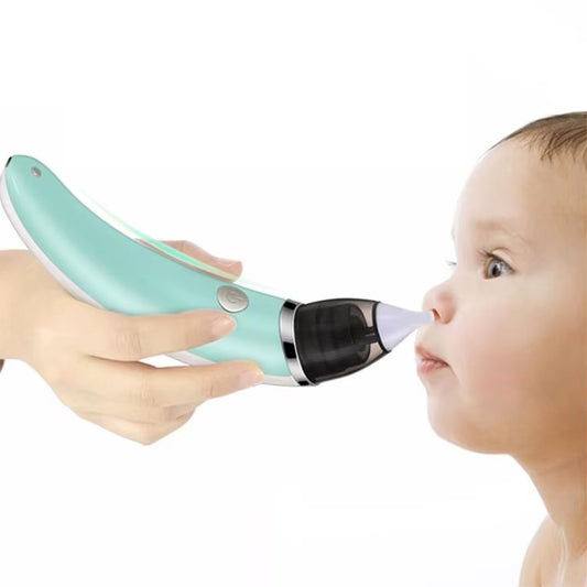 Baby being cleaned with a nasal aspirator on a white background