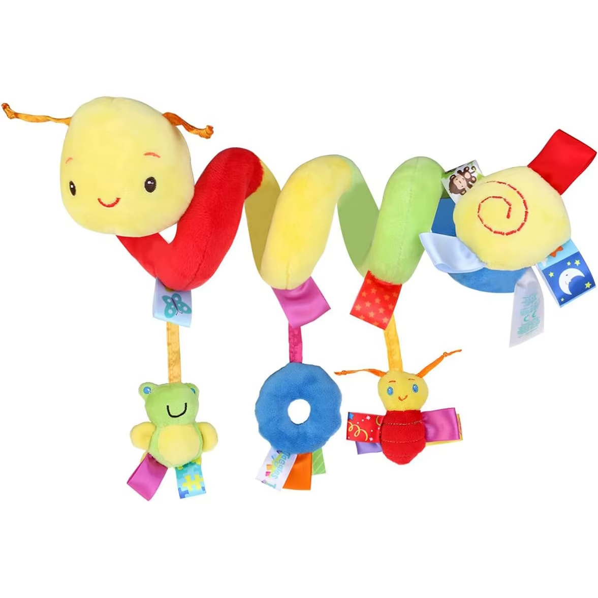 Colorful baby toy with a smiling face and various attachments on a white background
