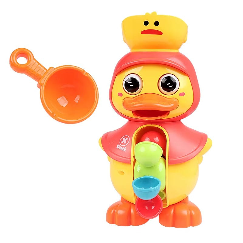 Colorful duck-shaped toy with a shovel on a white background