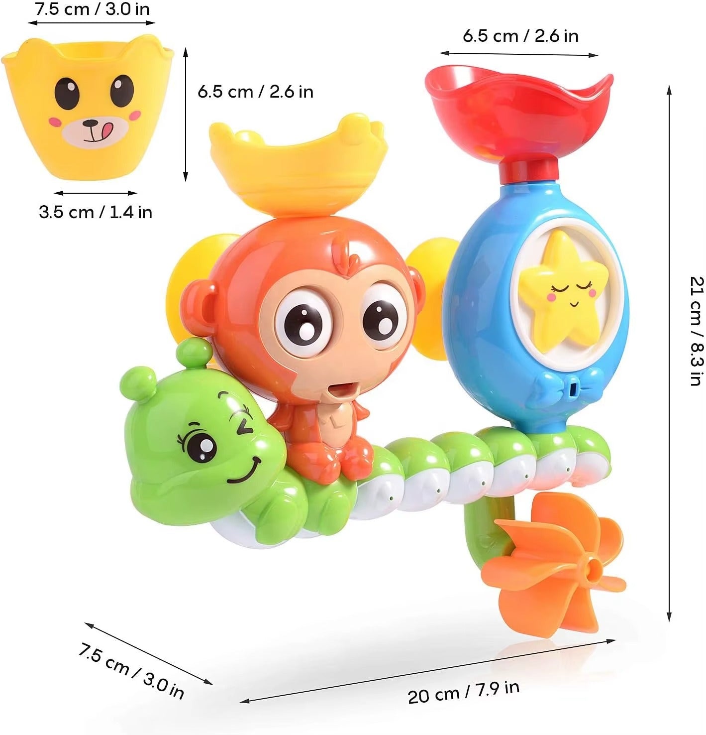 Colorful toy with monkey and caterpillar design, showing dimensions on a white background