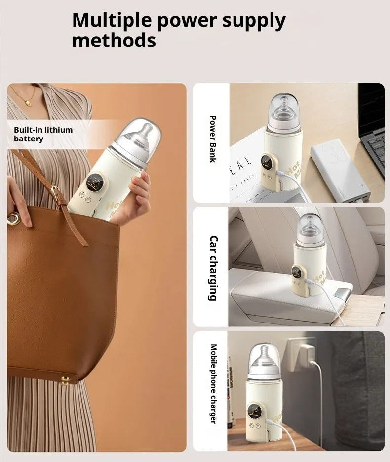 Collage showing multiple power supply methods for a baby bottle with built-in lithium battery, power bank, car charging, and mobile phone charger.