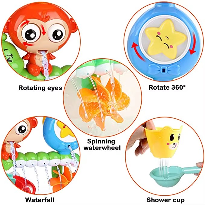 Children's bath toy with rotating eyes, star-shaped shower head, waterwheel, and shower cup.