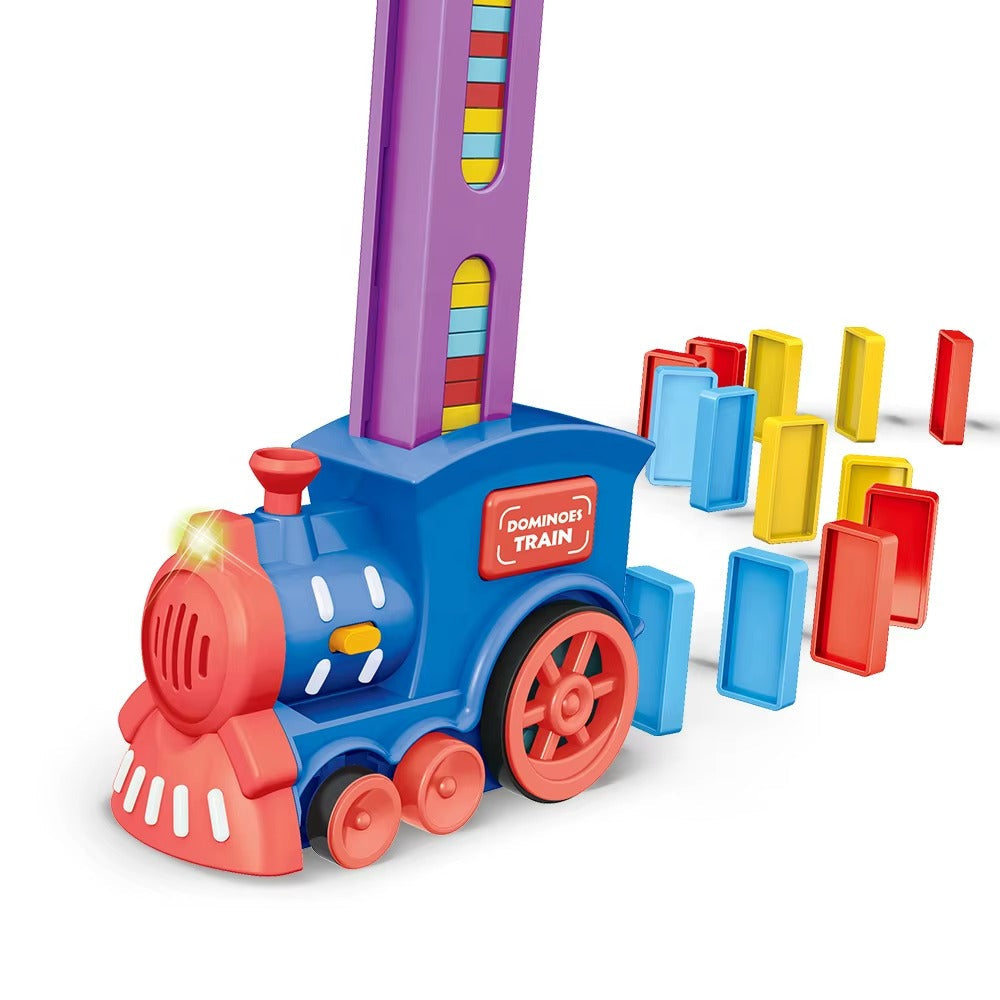 Colorful toy train with dominoes on a white background