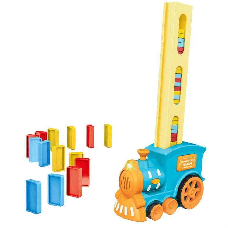 Toy train with dominoes on a white background