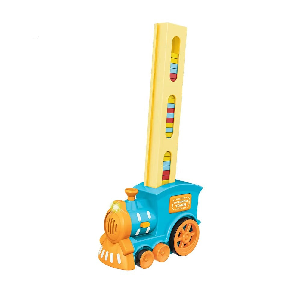 Toy domino train with a blue engine and yellow top on a white background