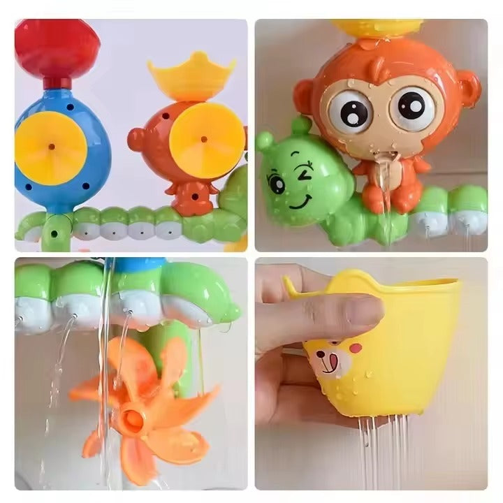Collage of a monkey-themed water sprayer toy with various parts and a yellow cup.
