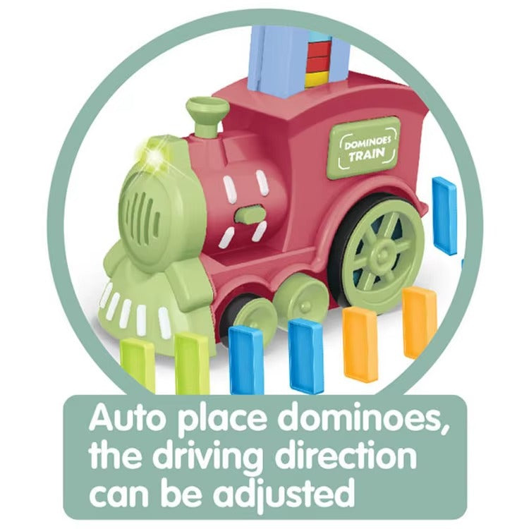 Toy train with dominoes on a white background