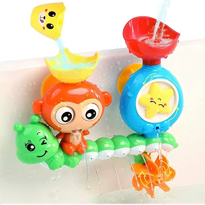 Colorful bath toy set with monkey, fish, and caterpillar characters on a white background.