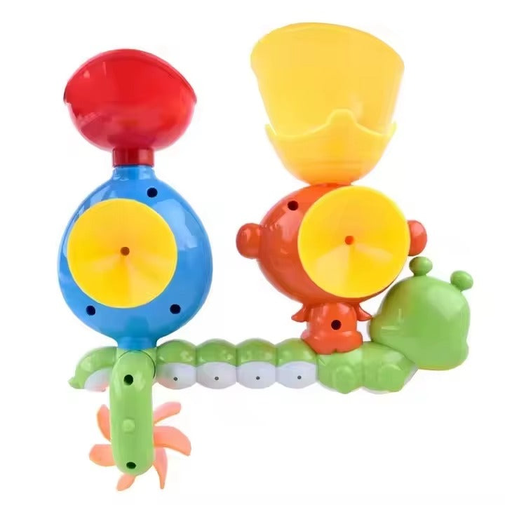 Colorful caterpillar-shaped toy with red, blue, yellow, and green sections on a white background