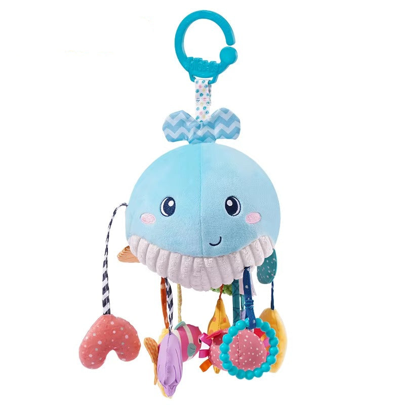 Plush jellyfish toy with colorful hanging elements on a white background