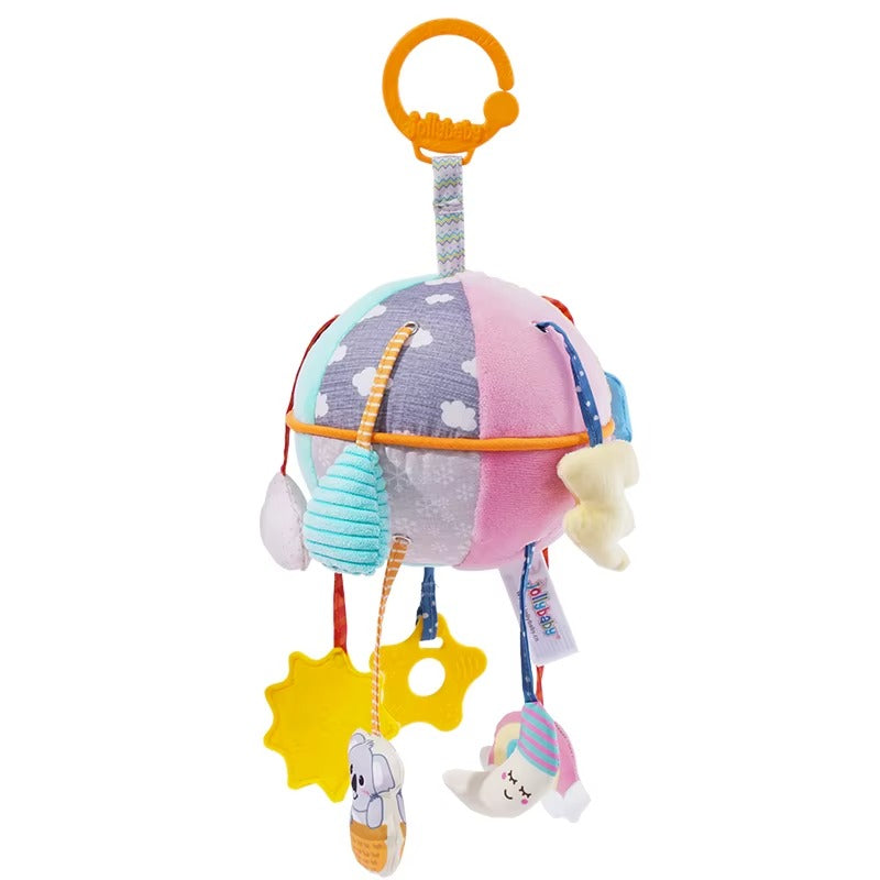 Colorful baby toy with various shapes and textures on a white background