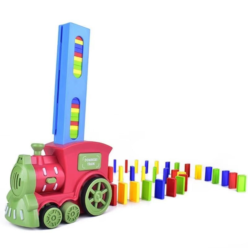 Colorful toy train with dominoes on a white background