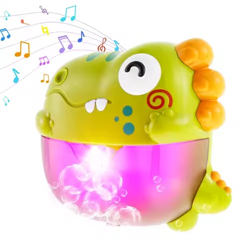 Colorful toy bubble machine with music notes on a white background