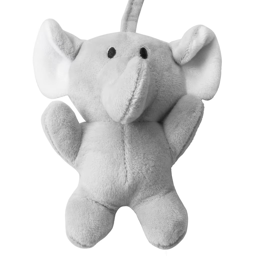 Gray plush elephant toy on a white background