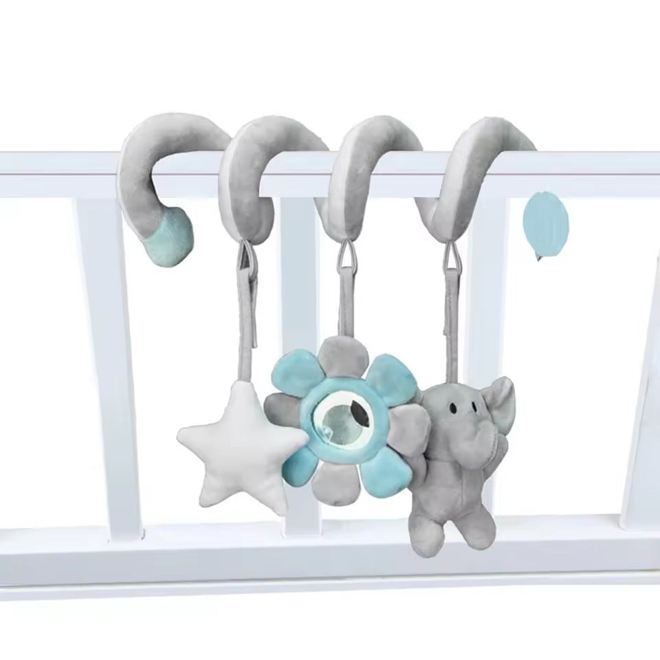 Baby crib mobile with gray elephant, star, and flower shapes on a white background
