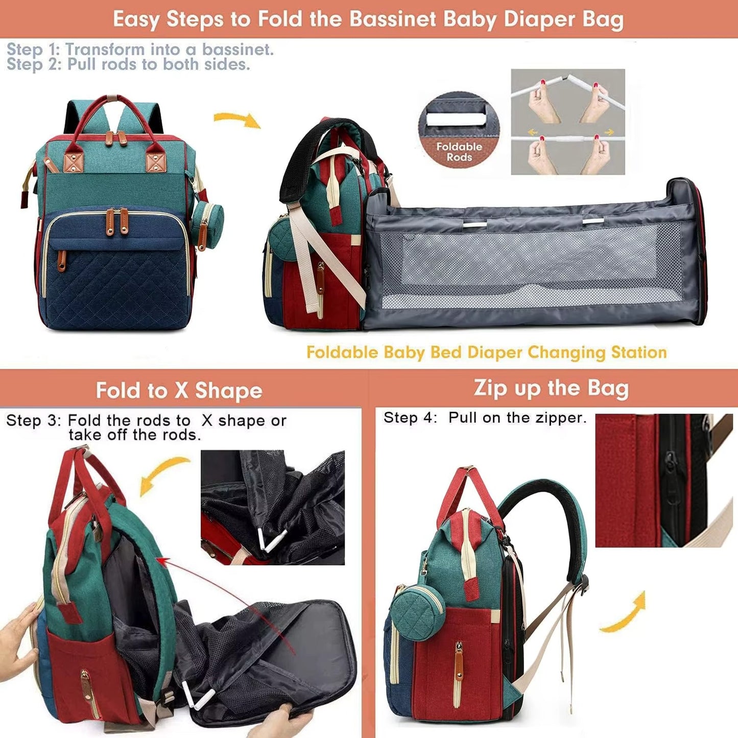Diaper Bag with Foldable Baby Crib