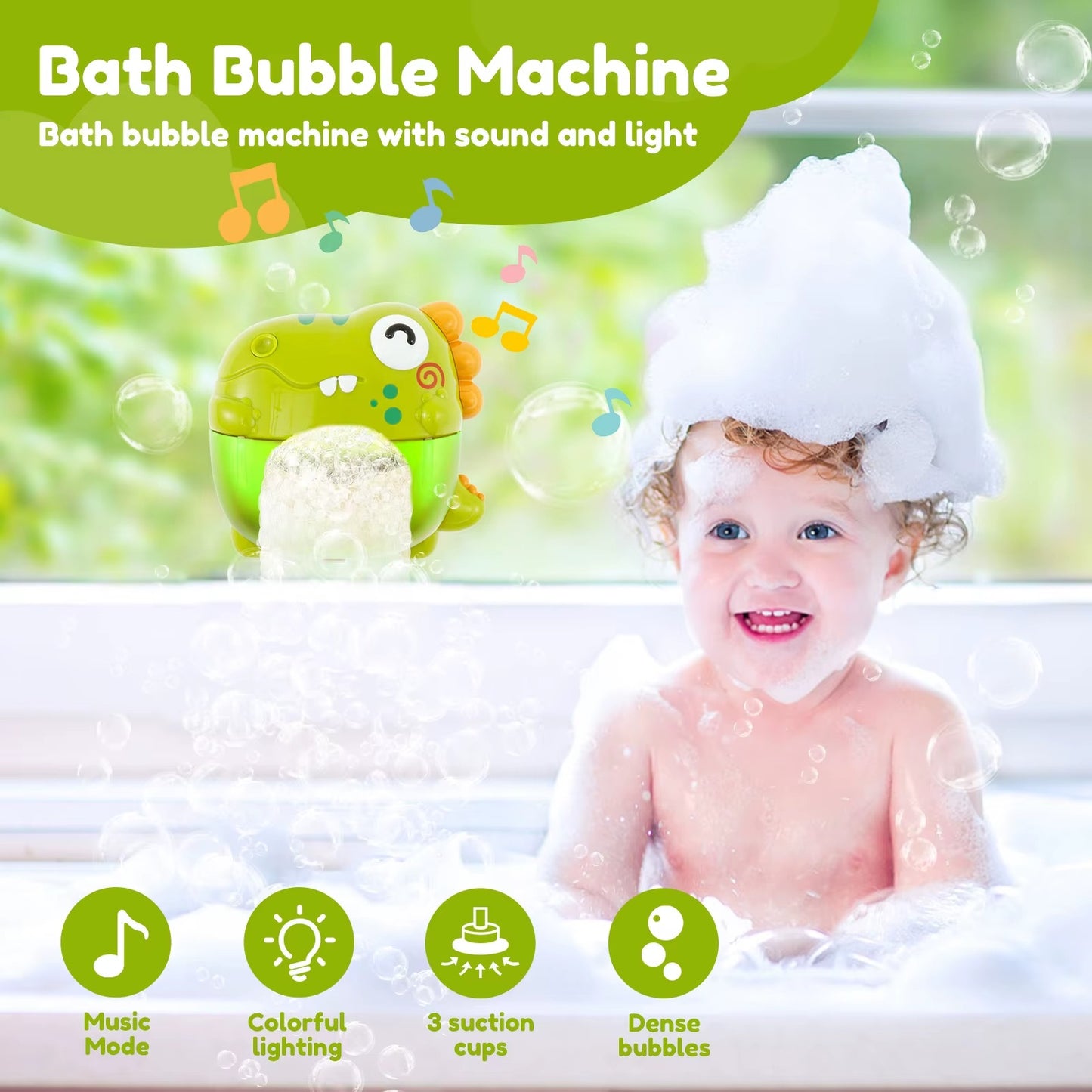 Bath bubble machine with a child in a bathtub, surrounded by bubbles.