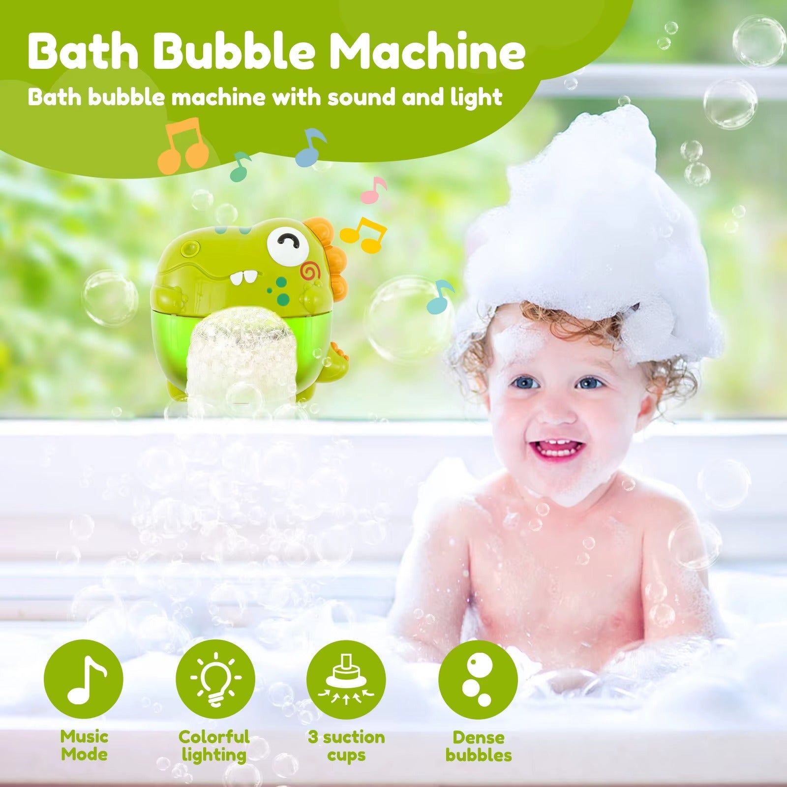 Bath bubble machine with a child in a bathtub, surrounded by bubbles.