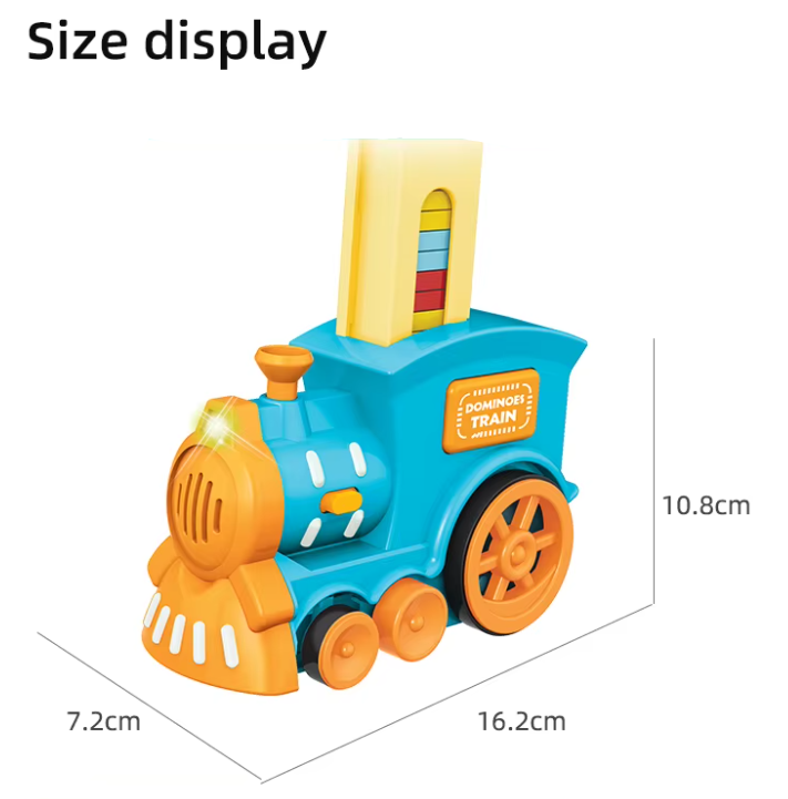 Toy train with dimensions displayed on a white background