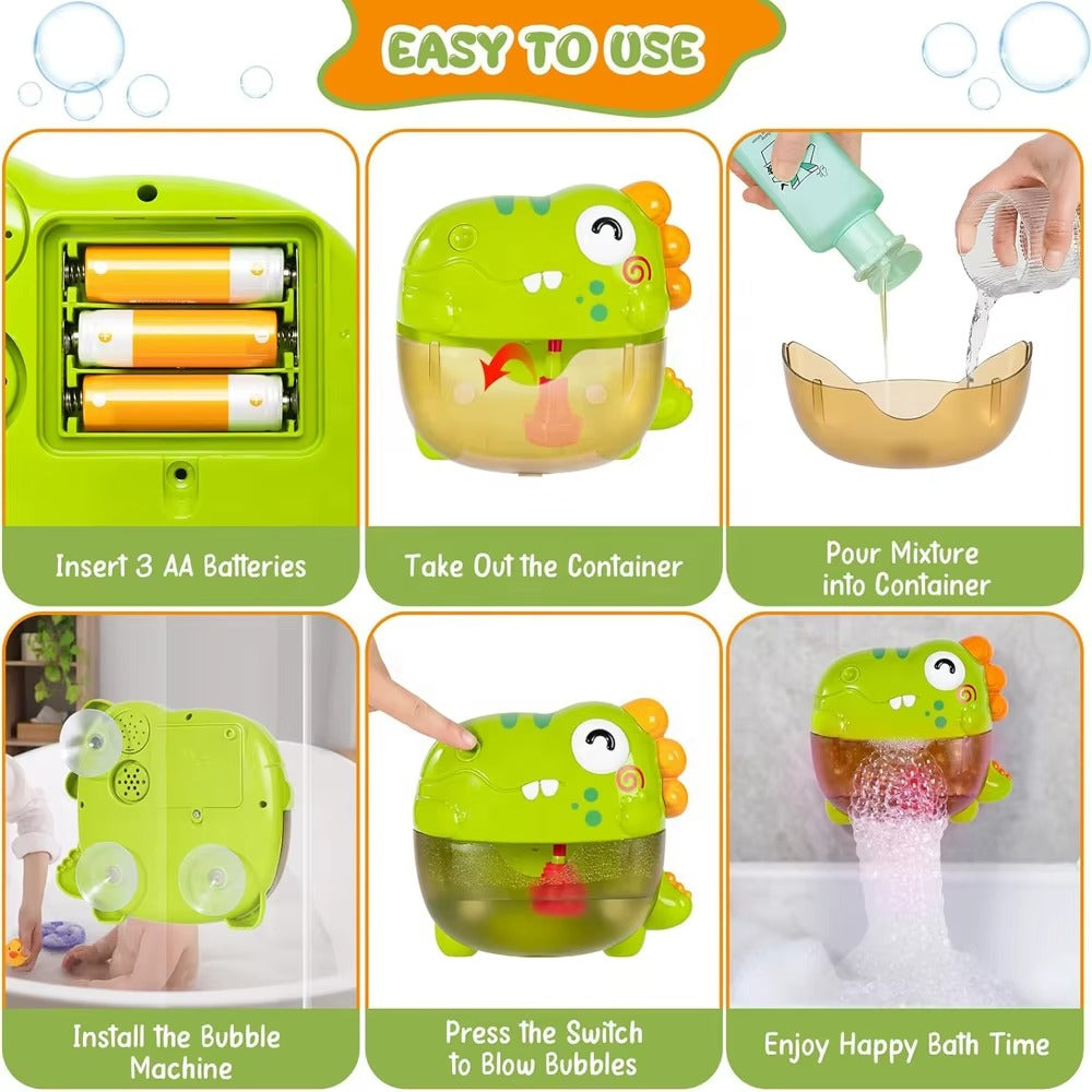 Instructions for using a green bubble machine with a dinosaur design.